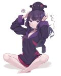  1girl bangs blue_eyes blush breasts fate/grand_order fate_(series) highres indian_style katsushika_hokusai_(fate) large_breasts long_hair long_sleeves looking_at_viewer octopus pout purple_hair purple_sweater sitting sweater tokitarou_(fate) totatokeke 