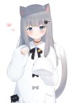  1girl absurdres animal_ears black_bow blue_eyes blush bow cat_ears cat_girl cat_tail closed_mouth collared_dress commentary dress grey_hair hair_ornament hairclip highres icetea_(8862) indie_virtual_youtuber long_hair long_sleeves looking_at_viewer nacho_(amashiro_natsuki) simple_background sleeves_past_fingers sleeves_past_wrists smile solo tail tail_raised virtual_youtuber white_background white_dress 