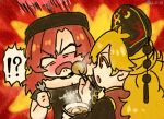  2girls angry bangs bare_shoulders black_choker black_dress black_headwear black_neckwear black_shirt black_sleeves blonde_hair blush bow bowl bowtie chibi choker clothes_writing crescent dress eyebrows_visible_through_hair food fork hair_between_eyes hand_up hands_up hat hecatia_lapislazuli junko_(touhou) long_hair long_sleeves looking_at_another medium_hair multiple_girls off_shoulder phoenix_crown polos_crown pom_pom_(clothes) raya_(uk_0128) red_background red_eyes red_vest redhead shirt short_sleeves t-shirt tabard touhou twitter_username vest wavy_hair white_eyes wide_sleeves yellow_bow yellow_neckwear 