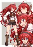  1girl :d :o armor bangs black_hairband boots border breastplate brown_footwear brown_shorts crossed_bangs eating eris_greyrat food grey_background hairband hand_on_hip highres holding holding_food long_hair long_sleeves multiple_views mushoku_tensei open_mouth red_eyes redhead shiny shiny_hair shirt shorts simple_background smile solo somasoutaro standing teeth upper_teeth white_background white_border white_shirt wide_sleeves 
