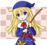  1girl blonde_hair blue_eyes broom eyebrows_visible_through_hair holding holding_broom long_hair long_sleeves looking_at_viewer open_mouth puyopuyo solo takazaki_piko twitter_username upper_body witch_(puyopuyo) 