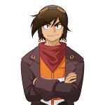  1boy black_eyes black_headwear brown_hair brown_jacket crossed_arms deponia facial_hair goatee hat jacket male_focus mike_inel neckerchief raised_eyebrow red_neckwear rufus_(deponia) smile solo transparent_background upper_body 