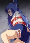  1girl absurdres bangs belt blue_bow blue_eyes blue_hair blue_skirt blush bound bound_arms bow commentary_request cookie_(touhou) debt feet_out_of_frame grey_hoodie hair_bow highres hood hoodie long_hair looking_down lying on_floor on_side open_mouth red_belt restrained skirt solo suyarou tied_up_(nonsexual) touhou very_long_hair yorigami_shion zerukalo_(cookie) 