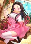  1girl alternate_costume apron bakery black_hair blue_sky bow bowtie bread collared_shirt food food_in_mouth gradient_hair high_heels highres holding holding_tongs indoors kamado_nezuko kimetsu_no_yaiba knee_up leg_up light_bulb long_hair looking_at_viewer mouth_hold multicolored_hair pink_apron pink_eyes pink_neckwear pink_skirt redhead shirt shop skirt skirt_hold sky socks solo standing standing_on_one_leg thigh-highs tree white_legwear white_shirt window yuki_sizuku 