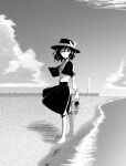  1girl bare_legs barefoot beach bow bowtie capelet eyebrows_visible_through_hair hat hat_bow highres holding holding_shoes long_sleeves looking_at_viewer monochrome ruurara shirt shoes shoes_removed short_hair skirt touhou usami_renko 