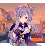  1girl arm_behind_back bangs bare_shoulders blue_flower closed_mouth double_bun flower genshin_impact gloves holding holding_flower keqing_(genshin_impact) long_hair looking_at_viewer mountain outdoors purple_gloves purple_hair sasorin solo sunset twintails violet_eyes 