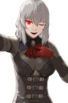  1girl ascot bangs bodysuit breasts brooch eden_grenze gloves glowing glowing_eye grey_bodysuit grey_hair jewelry kageshio_(276006) large_breasts long_sleeves looking_at_viewer medium_hair one_eye_closed open_mouth outstretched_arm red_eyes red_gloves red_neckwear silver_(eden) smile solo 