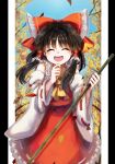  1girl :d ^_^ ascot autumn_leaves bangs bare_shoulders black_hair bow branch breasts broom closed_eyes collar collared_shirt commentary_request detached_sleeves eyebrows_visible_through_hair frilled_shirt_collar frills hair_between_eyes hair_ornament hair_tubes hakurei_reimu highres laughing leaf long_sleeves matsukuzu medium_breasts nontraditional_miko open_mouth priestess red_bow red_shirt red_skirt ribbon-trimmed_sleeves ribbon_trim shirt short_hair skirt smile solo touhou tree upper_body wide_sleeves yellow_neckwear 
