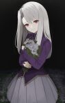 1girl bangs black_background bouquet closed_mouth commentary_request eyebrows_behind_hair fate/stay_night fate_(series) flower grey_hair hair_between_eyes head_tilt highres illyasviel_von_einzbern long_hair long_sleeves looking_at_viewer object_hug pleated_skirt puffy_long_sleeves puffy_sleeves purple_shirt red_eyes shirt skirt sleeves_past_wrists smile solo white_flower white_skirt yamada_maya_(yamdmay) 