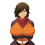  1girl black_eyes black_headwear breasts brown_hair brown_jacket crossed_arms deponia eyebrows_visible_through_hair eyes_visible_through_hair genderswap genderswap_(mtf) hair_over_one_eye hat huge_breasts jacket mike_inel neckerchief raised_eyebrow red_neckwear rufus_(deponia) smile solo transparent_background 