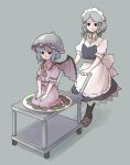  2girls :| ascot bat_wings black_eyes black_legwear braid closed_mouth dress empty_eyes frilled_shirt_collar frills grey_background hands_on_own_knees hat hat_ribbon highres izayoi_sakuya lid loafers maid maid_headdress mob_cap multiple_girls on_head peroponesosu. pink_dress plate puffy_short_sleeves puffy_sleeves purple_hair red_neckwear red_ribbon remilia_scarlet ribbon salad seiza serving_cart shoes short_sleeves silver_hair simple_background sitting sweatdrop touhou tray twin_braids wheel wings 