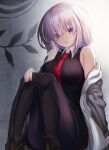  1girl :o bangs bare_shoulders between_breasts black_dress black_legwear blush breasts brown_footwear chaldea_logo collared_dress commentary_request dress eyebrows_visible_through_hair eyes_visible_through_hair fate/grand_order fate_(series) fingernails grey_jacket hair_between_eyes hair_over_one_eye highres indoors jacket large_breasts light_purple_hair looking_at_viewer mash_kyrielight necktie necktie_between_breasts neko_daruma off_shoulder open_clothes open_jacket open_mouth pantyhose red_neckwear short_hair sitting solo tongue violet_eyes 