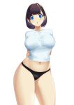  1girl bangs black_panties blue_eyes blueorca blush breasts brown_hair commentary eyebrows_visible_through_hair highres large_breasts looking_at_viewer medium_hair midriff navel original panties parted_lips shirt solo thick_thighs thighs underwear white_background white_shirt 
