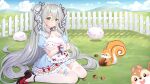  1girl akuma_(ogino-m) blue_dress blush braid clouds cloudy_sky commentary_request dress fence field grass hair_between_eyes hair_ribbon highres hill holding light_smile long_hair looking_at_viewer nut_(food) original outdoors pinecone plant ribbon sheep silver_hair sitting sky solo squirrel thigh-highs two_side_up very_long_hair wariza white_legwear wrist_cuffs yellow_eyes 