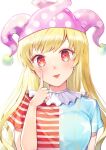  1girl american_flag_shirt bangs blonde_hair blue_shirt blush breasts closed_mouth clownpiece eyebrows_visible_through_hair hand_on_own_face hand_up hat highres jester_cap kaede_(mmkeyy) long_hair looking_at_viewer medium_breasts multicolored multicolored_clothes multicolored_shirt polka_dot purple_headwear red_eyes red_shirt shirt short_sleeves simple_background solo star_(symbol) star_print striped striped_shirt tongue tongue_out touhou upper_body white_background white_shirt 
