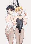  2boys :d absurdres ae_(aeiu4114) animal_ears ass back bangs bare_arms bare_shoulders black_hair black_legwear black_leotard blonde_hair blush bulge collarbone covering covering_chest detached_collar earrings fake_animal_ears fake_tail fang fishnet_legwear fishnets frown groin hair_between_eyes hand_on_another&#039;s_hip hand_up highleg highleg_leotard highres jewelry leotard looking_at_viewer looking_back male_focus male_playboy_bunny multiple_boys open_mouth original pantyhose rabbit_ears rabbit_tail short_hair shoulder_blades simple_background smile strapless strapless_leotard stud_earrings sweatdrop tail thigh_gap thong_leotard v violet_eyes white_leotard wrist_cuffs 