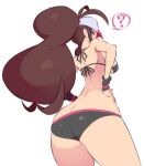  1girl ? ahoge aqua_eyes ass back baseball_cap bikini black_bikini breasts brown_hair butt_crack commentary_request curly_hair from_behind hand_on_hip hat high_ponytail highres hilda_(pokemon) long_hair looking_at_viewer medium_breasts nac000 pokemon pokemon_(game) pokemon_bw shoulder_blades sideboob simple_background solo spoken_question_mark standing swimsuit thighs white_background wristband 