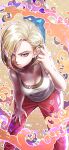  1girl absurdres amaguchi_chiyoko android_18 bent_over blonde_hair blue_eyes dragon_ball dragon_ball_super ear_piercing earrings hair_behind_ear hand_on_own_knee highres hoop_earrings jewelry looking_at_viewer multicolored multicolored_background pants piercing pink_pants shirt short_hair single_earring solo tank_top white_shirt 