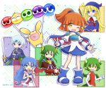  2boys 4girls arle_nadja blonde_hair blue_eyes blue_hair blush_stickers bracelet broom brown_eyes brown_hair carbuncle_(puyopuyo) china_dress chinese_clothes closed_mouth draco_centauros dragon_girl dragon_horns dragon_tail dragon_wings dress earrings elbow_gloves eyebrows_visible_through_hair fang gloves green_eyes green_hair grey_hair highres holding holding_broom horns jewelry long_hair long_sleeves looking_at_viewer multiple_boys multiple_girls necklace open_mouth pointy_ears puyo_(puyopuyo) puyopuyo red_dress red_eyes rulue_(puyopuyo) satan_(puyopuyo) schezo_wegey short_hair short_ponytail sleeveless smile smug tail takazaki_piko wavy_hair white_gloves wings witch_(puyopuyo) yellow_eyes 
