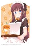  1girl apron bangs black_hairband black_shirt blue_eyes blunt_bangs brown_hair closed_mouth hairband highres holding holding_plate long_hair looking_at_viewer maid new_game! official_art orange_neckwear page_number plate ponytail shiny shiny_hair shirt short_sleeves sidelocks smile solo standing takimoto_hifumi tokunou_shoutarou upper_body very_long_hair white_apron wing_collar 