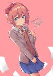  1girl arms_behind_back bad_link bangs blue_eyes blue_skirt bow chocomiru disconnected_mouth doki_doki_literature_club eyebrows_visible_through_hair grey_jacket hair_bow highres jacket long_sleeves looking_at_viewer neck_ribbon open_clothes open_jacket orange_vest pink_hair red_bow red_neckwear red_ribbon ribbon sayori_(doki_doki_literature_club) school_uniform shirt short_hair simple_background skirt smile solo source_request tofumang vest white_shirt wing_collar 