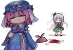  4girls =_= black_hairband black_neckwear blue_kimono breasts closed_eyes commentary_request floral_print food food_on_face green_eyes green_skirt green_vest hairband hand_on_own_stomach hat japanese_clothes kimono konpaku_youmu konpaku_youmu_(ghost) large_breasts long_sleeves mob_cap multiple_girls mystia_lorelei niwatari_kutaka one-hour_drawing_challenge pink_hair puffy_short_sleeves puffy_sleeves saigyouji_yuyuko shirt short_sleeves silver_hair simple_background skirt standing sweatdrop touhou trembling triangular_headpiece unime_seaflower vest white_background white_shirt wide-eyed wide_sleeves 