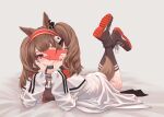  :p angelina_(arknights) animal_ears arknights bed_sheet black_collar black_footwear black_legwear black_shirt brown_hair cellphone chinese_commentary collar collarbone commentary_request earpiece extra_ears fox_ears fox_girl fox_tail hairband head_rest highres holding holding_phone infection_monitor_(arknights) jacket legs_up long_hair looking_at_viewer lxjun_09 lying no_gloves on_stomach one_eye_covered open_clothes open_jacket phone red_eyes red_hairband shirt shoes smartphone smile socks tail the_pose tongue tongue_out twintails white_jacket 