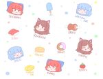  3girls :3 ^_^ animal_ears bangs blue_bow blue_hair bow brown_hair character_name closed_eyes closed_mouth dotted_background doughnut english_text face food grass_root_youkai_network hair_bow head_fins ice_cream imaizumi_kagerou long_hair meat multiple_girls multiple_views open_mouth pancake redhead sekibanki short_hair smile sushi symbol-only_commentary tomato touhou wakasagihime white_background wolf_ears zenerat 