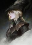  1girl absurdres ascot blonde_hair blood bloodborne blue_eyes cape hat hat_feather highres lady_maria_of_the_astral_clocktower long_hair ponytail simple_background solo the_old_hunters thedurianart tricorne white_hair 