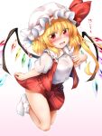 1girl bangs blonde_hair blush breasts buttons collar collared_shirt crystal eyebrows_visible_through_hair eyes_visible_through_hair flandre_scarlet gradient gradient_background hair_between_eyes hand_up hat hat_ribbon heart highres jewelry lifted_by_self looking_at_viewer marukyuu_ameya medium_breasts miniskirt mob_cap multicolored multicolored_wings no_shoes one_side_up open_clothes open_mouth open_vest pink_background red_eyes red_nails red_ribbon red_skirt red_vest ribbon shirt short_hair short_sleeves skirt smile socks solo touhou vest white_background white_headwear white_legwear white_shirt white_sleeves wings 