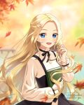  1girl artist_name autumn autumn_leaves black_dress blonde_hair blue_eyes blurry blurry_background blush book dress dress_shirt evening flower forehead hair_flower hair_ornament highres holding leaf lilia_creative long_hair long_sleeves looking_at_viewer maple_leaf neck_ribbon open_mouth original reading ribbon shirt smile sunset upper_body water wavy_hair wide_sleeves 