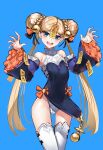  1girl abigail_williams_(fate) absurdres bangs bare_shoulders bell black_bow black_dress blonde_hair blue_background blue_eyes blush bow breasts casul detached_sleeves double_bun dress fate/grand_order fate_(series) forehead hair_bow highres jiangshi jingle_bell long_hair looking_at_viewer multiple_bows ofuda open_mouth orange_bow parted_bangs pelvic_curtain small_breasts smile solo talisman thigh-highs thighs twintails white_legwear wide_sleeves 