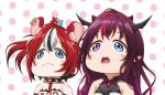  2girls animal_ears blue_eyes blush_stickers closed_mouth collar dice_hair_ornament eyebrows_visible_through_hair hair_between_eyes hair_ornament hakos_baelz heterochromia hololive hololive_english horns irys_(hololive) jan_azure mouse_ears mr._squeaks_(hakos_baelz) multicolored_hair multiple_girls pointy_ears polka_dot polka_dot_background shirt spiked_collar spikes strapless strapless_shirt virtual_youtuber 
