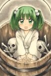  1girl absurdres bangs blush bone bucket eyebrows_visible_through_hair green_eyes green_hair hair_bobbles hair_ornament highres in_bucket in_container japanese_clothes kimono kisume kneeling looking_at_viewer maa_(forsythia1729) short_hair skull touhou traditional_media twintails wide_sleeves wooden_bucket 