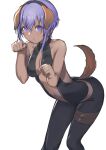  1girl absurdres animal_ears bangs bare_shoulders black_headband blush breasts center_opening commentary_request dark-skinned_female dark_skin dog_ears dog_tail fake_animal_ears fate/grand_order fate_(series) hair_between_eyes hassan_of_serenity_(fate) headband highres leotard medium_breasts open_mouth paw_pose purple_hair simple_background solo tail taruto_(takug0812) thigh_strap violet_eyes white_background 