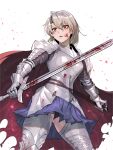  1girl absurdres armor armored_dress bangs blood blood_on_face cloak grey_hair hair_between_eyes highres holding holding_sword holding_weapon jinlin knight original red_eyes short_hair simple_background solo standing sword vampire weapon white_background 