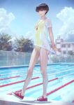  1girl bangs black_hair blue_background blue_sky blunt_bangs blurry blurry_background breasts brown_eyes clouds competition_swimsuit day fence full_body highres kaoming long_hair looking_at_viewer medium_breasts one-piece_swimsuit original outdoors pool poolside red_footwear school see-through shirt shoes short_sleeves sky sneakers solo swimsuit t-shirt tree very_long_hair walking wet wet_clothes wet_shirt whistle white_shirt yellow_swimsuit 