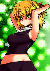  1girl adjusting_hair armpits arms_up bangs bike_shorts black_shorts blonde_hair blush breasts commentary_request cowboy_shot green_background green_eyes half_updo looking_at_viewer medium_breasts midriff mizuhashi_parsee navel open_mouth pointy_ears roki_(hirokix) scarf short_hair short_ponytail shorts sideboob solo sports_bra touhou white_scarf 