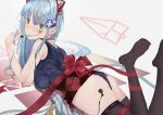  1girl absurdres animal_ears artist_name ass bangs black_legwear blue_hair blue_swimsuit blush chocolate choker closed_mouth crossed_bangs dated eyebrows_visible_through_hair fake_animal_ears food girls_frontline green_eyes hand_in_hair highres hk416_(girls&#039;_frontline) holding holding_chocolate holding_food long_hair looking_at_viewer lying no_shoes on_stomach red_choker red_ribbon ribbon school_swimsuit simple_background solo soranagi_(una123) swimsuit teardrop_facial_mark teardrop_tattoo thigh-highs 