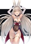  1girl :o adapted_costume animal_ears bangs blush breasts chest_jewel covered_navel cowboy_shot elbow_gloves eyebrows_visible_through_hair gloves highleg highleg_leotard hinot leotard long_hair looking_up low_twintails nia_(blade)_(xenoblade) nia_(xenoblade) playboy_bunny silver_hair small_breasts solo strapless strapless_leotard twintails very_long_hair white_gloves xenoblade_chronicles_(series) xenoblade_chronicles_2 yellow_eyes 