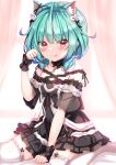  1girl :q animal_ear_fluff animal_ears bangs between_legs black_dress blue_hair blush cat_ears closed_mouth collarbone commentary detached_collar dress eyebrows_visible_through_hair frilled_legwear garter_straps green_hair hair_ornament hand_between_legs highres hololive long_hair looking_at_viewer multicolored_hair off-shoulder_dress off_shoulder paw_pose red_eyes see-through_sleeves short_sleeves short_twintails skull_hair_ornament smile solo streaked_hair thigh-highs tongue tongue_out twintails uruha_rushia virtual_youtuber white_legwear wrist_cuffs yuano 