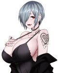  1girl breasts camui_kamui eyebrows eyebrows_visible_through_hair fang gothic hand_on_own_chest heart heart_tattoo huge_breasts jewelry looking_at_viewer multiple_rings off_shoulder open_mouth original red_eyes ring short_hair shoulder_tattoo sideboob silver_hair smile tattoo undressing 