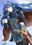  1girl ahoge armor asagao_21 bangs belt blue_eyes blue_gloves blue_hair blue_sky cape falchion_(fire_emblem) fingerless_gloves fire_emblem fire_emblem_awakening gloves hair_between_eyes highres leaves_in_wind long_hair lucina_(fire_emblem) sheath sheathed shoulder_armor sky smile solo sword symbol-shaped_pupils tiara turtleneck very_long_hair weapon wrist_cuffs 