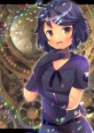  1girl :d bangs black_gloves black_hair black_pants black_sailor_collar black_shirt blurry blurry_background blush brown_eyes clock collarbone commission depth_of_field elbow_gloves eyebrows_visible_through_hair gears gloves hair_ornament hairclip hands_up kou_hiyoyo looking_at_viewer open_mouth original pants roman_numeral sailor_collar shirt short_sleeves skeb_commission smile solo swept_bangs 