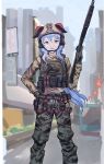  absurdres battle_dress_uniform blurry blurry_background camouflage camouflage_pants city ganyu_(genshin_impact) gar32 genshin_impact gun handgun helmet highres holstered_weapon horns long_sleeves military military_uniform pants pistol shotgun tagme uniform weapon weapon_request 