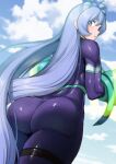  1girl amano_don aqua_eyes ass blue_hair blue_sky bodysuit boku_no_hero_academia clouds day drill_hair from_behind hadou_nejire highres long_hair looking_at_viewer looking_back purple_bodysuit sky solo twin_drills very_long_hair 