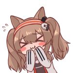  &gt;_&lt; &gt;w&lt; 1girl :3 angelina_(arknights) animal_ears arknights black_shirt blush_stickers brown_hair chibi chinese_commentary closed_eyes coat commentary_request earpiece eyebrows_visible_through_hair facing_viewer flying_sweatdrops fox_ears hairband hands_up long_hair lowres lxjun_09 open_clothes open_coat redhead shirt simple_background solo striped striped_hairband twintails upper_body white_background white_coat 