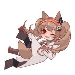  1girl angelina_(arknights) animal_ears arknights black_footwear black_legwear black_shirt brown_hair chibi chinese_commentary coat commentary_request earpiece falling fang fox_ears fox_girl fox_tail full_body infection_monitor_(arknights) long_hair looking_at_viewer lxjun_09 one_eye_closed open_clothes open_coat open_mouth red_eyes shirt simple_background skin_fang solo tail twintails white_background white_coat 