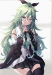  1girl aqua_eyes black_gloves black_legwear black_ribbon black_serafuku black_skirt blush braid closed_mouth elbow_gloves gloves green_hair green_neckwear hair_between_eyes hair_flaps hair_ribbon kantai_collection long_hair neckerchief pleated_skirt ponytail remodel_(kantai_collection) ribbon sa-ya2 school_uniform serafuku skirt solo thigh-highs twin_braids yamakaze_(kancolle) 