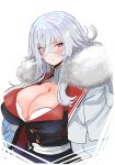  1girl absurdres azur_lane bangs blush breasts cleavage_cutout cloak clothing_cutout eyebrows_visible_through_hair fur_collar fur_trim graf_zeppelin_(azur_lane) hair_between_eyes hey_taisyou highres large_breasts long_hair looking_at_viewer red_eyes silver_hair simple_background solo upper_body white_background 